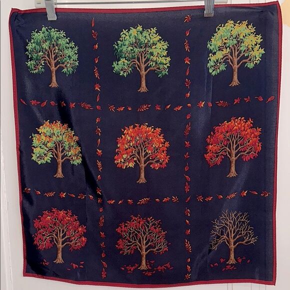 Vintage Talbots Seasonal Life of a Tree Red, Blue, Brown & Green Square Scarf - Picture 1 of 6